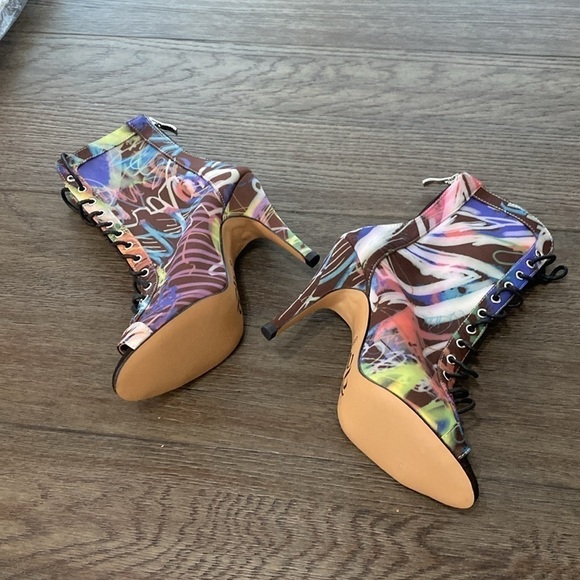 NWT BURJU Sofiya graphic multi color Open Toe Lace Up Ankle Boots | 6 1/2 - Picture 5 of 12